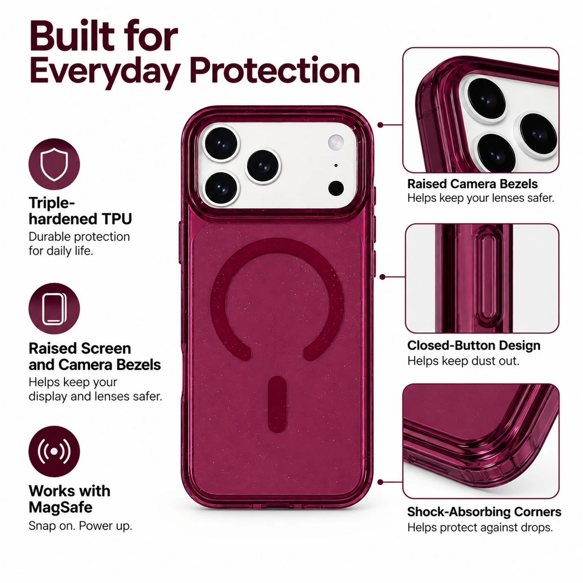T SHINE Nebula Sparkling Crystal Tough MagSafe Case for iPhone 18 Pro Max – Dark Cherry