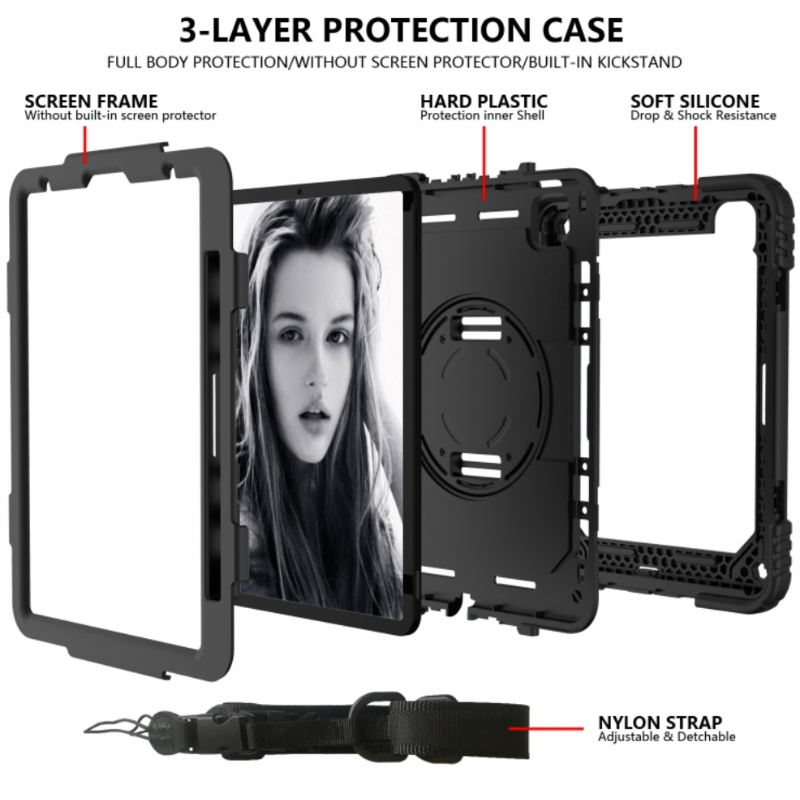 iPad Pro 11 (Air 4/5)/ Air 11 inch (2024/2025) Shockproof Case with Holder Shoulder Strap Black