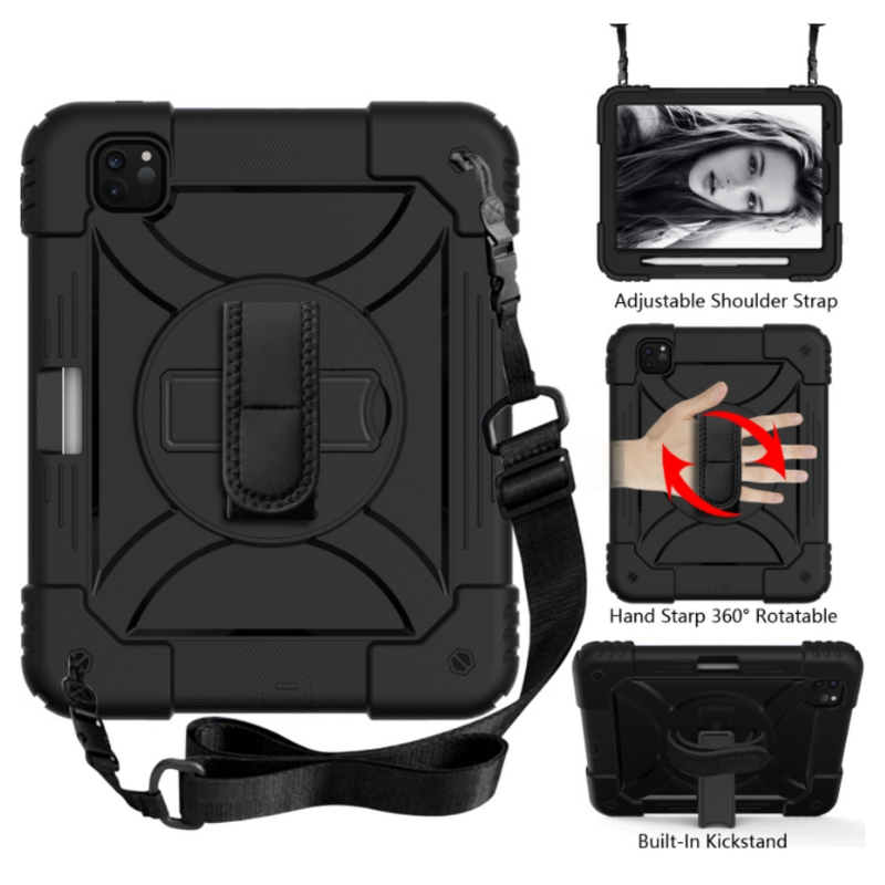 iPad Pro 11 (Air 4/5)/ Air 11 inch (2024/2025) Shockproof Case with Holder Shoulder Strap Black