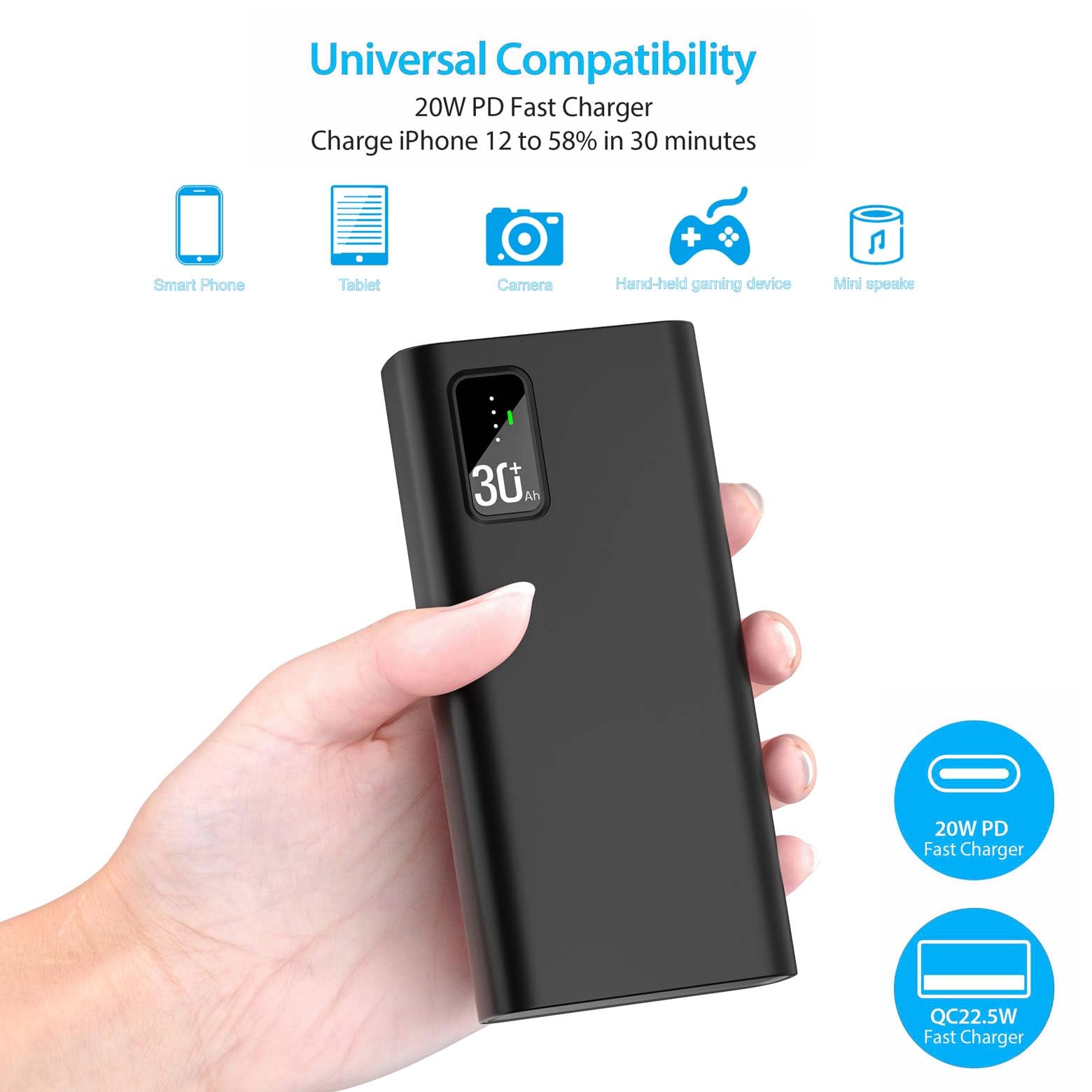 Quick Charge Digital Display 20,000mAh Powerbank Black