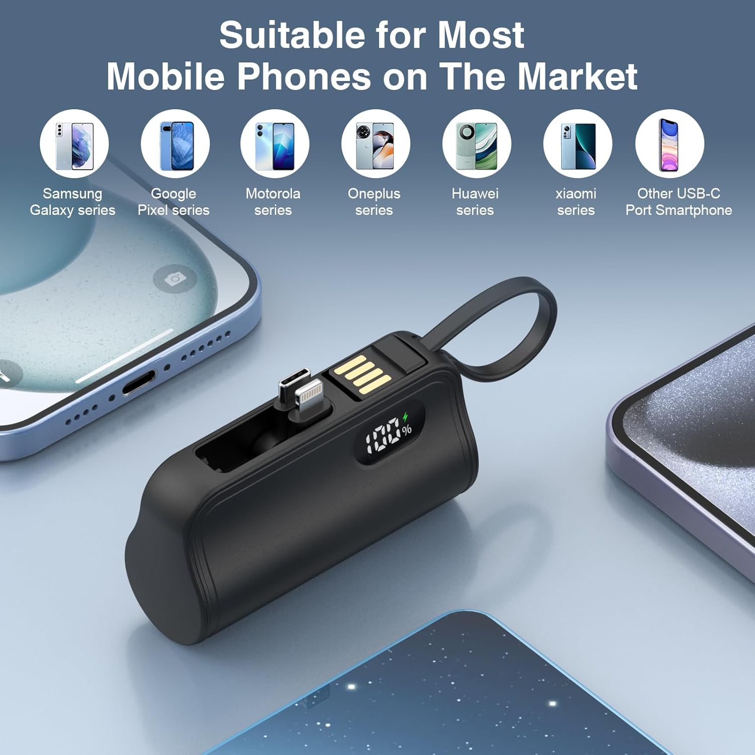 Mini Portable Charger with stand USB to Type-C and Lightning 5,000mAh