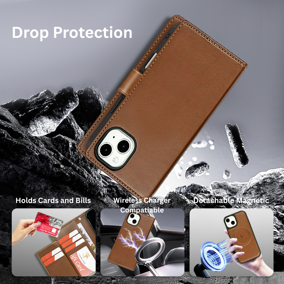 Nebula iPhone 13/14/15/16e Magnetic Detachable Leather Wallet Case Brown