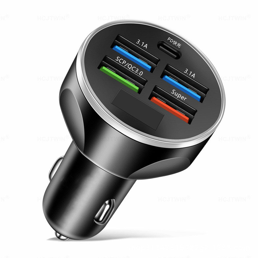 Quick Car Charger Digital Display Port 4 USB + 1 USB-C Car Charger Black