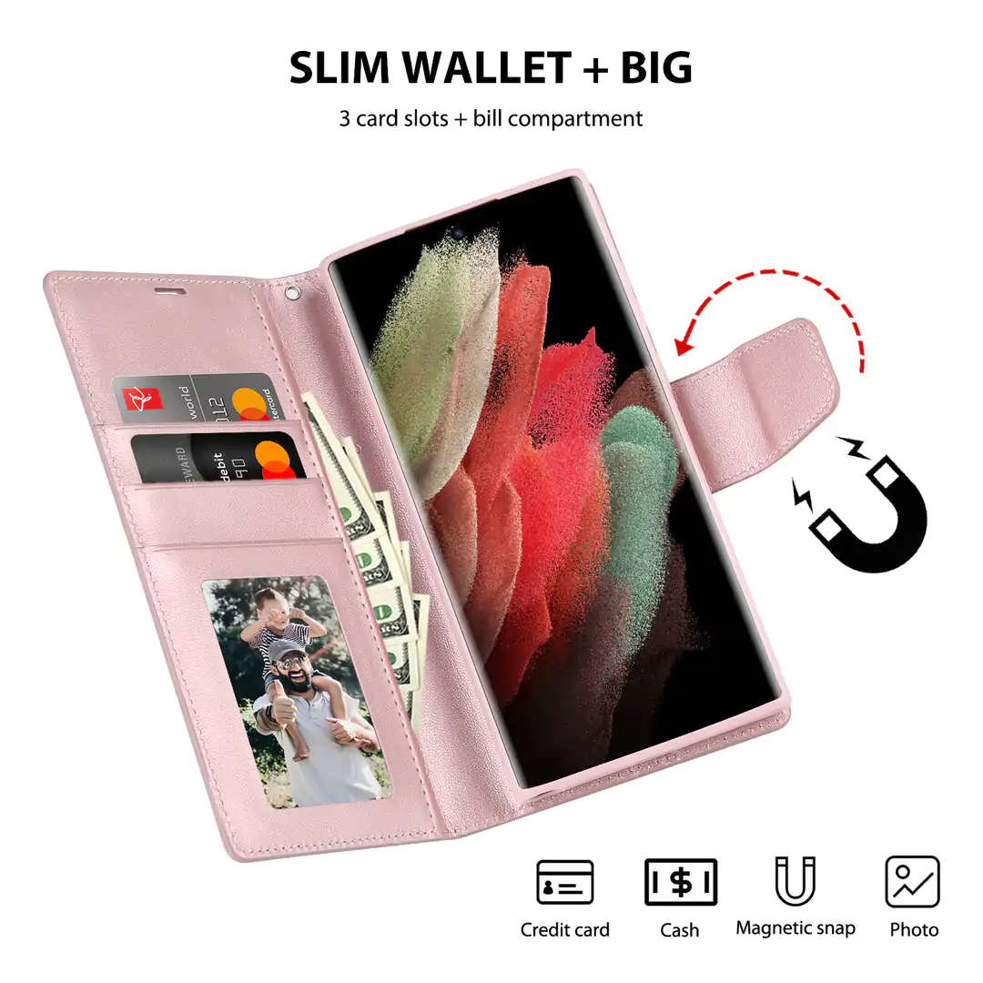 Hanman Flip Wallet Case for Samsung Galaxy S21/S22/S23 Series - Rose Gold