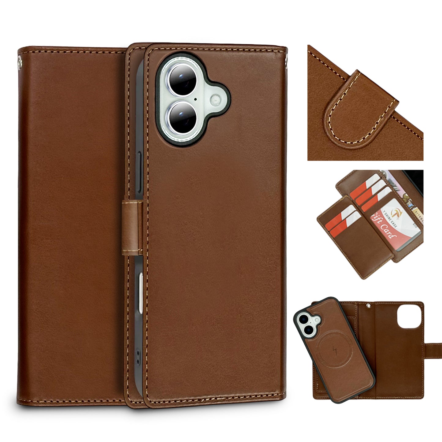 Nebula iPhone 13/14/15/16e/17e Magnetic Detachable Leather Wallet Case Brown