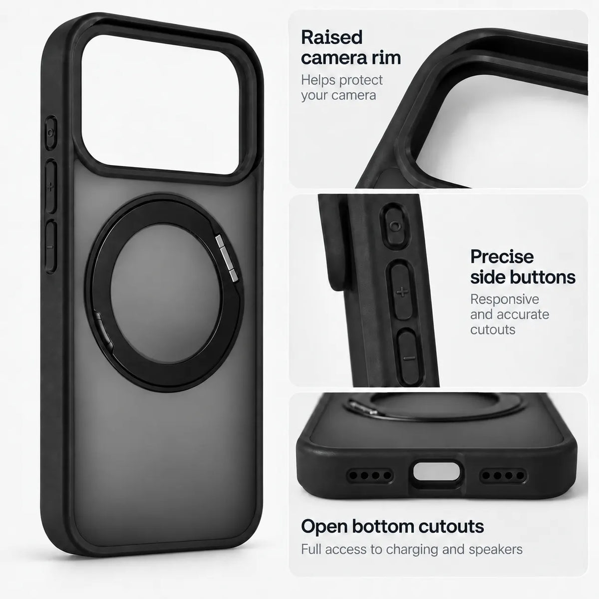 360 Degree Rotatable Ring Kickstand Case Black