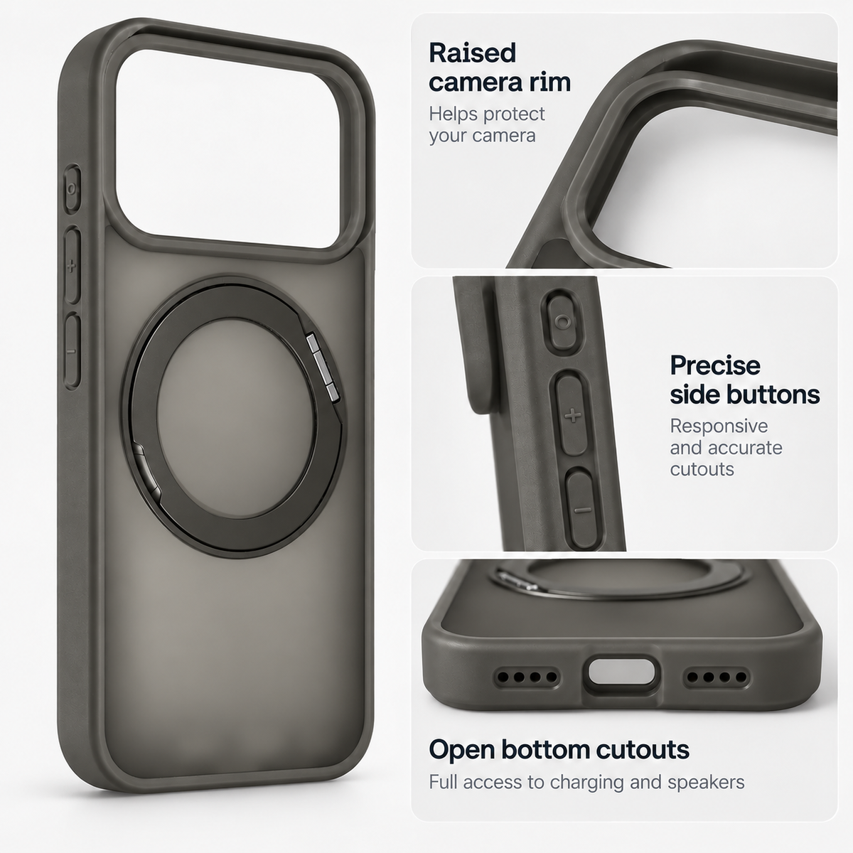 360 Degree Rotatable Ring Kickstand Case Grey