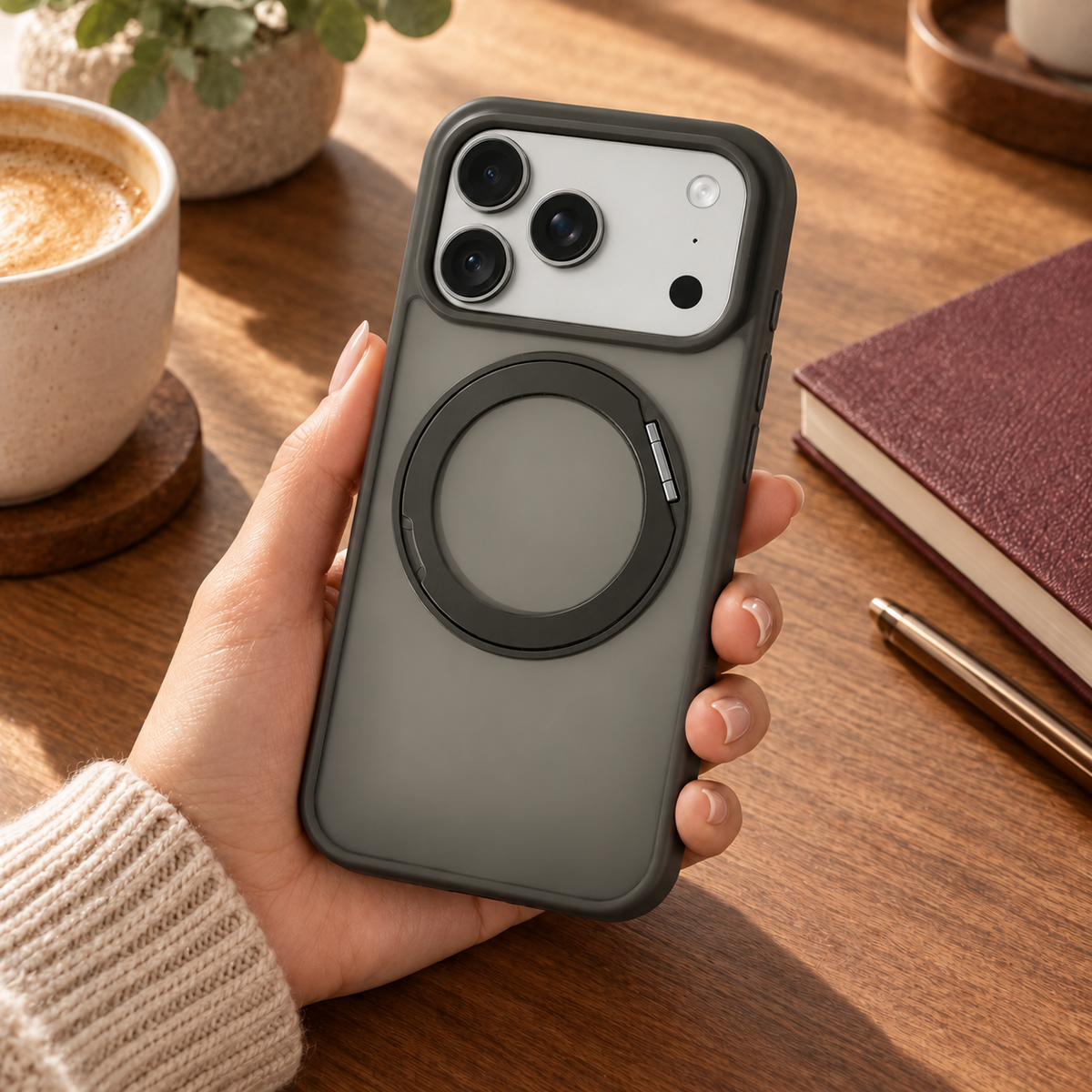360 Degree Rotatable Ring Kickstand Case Grey