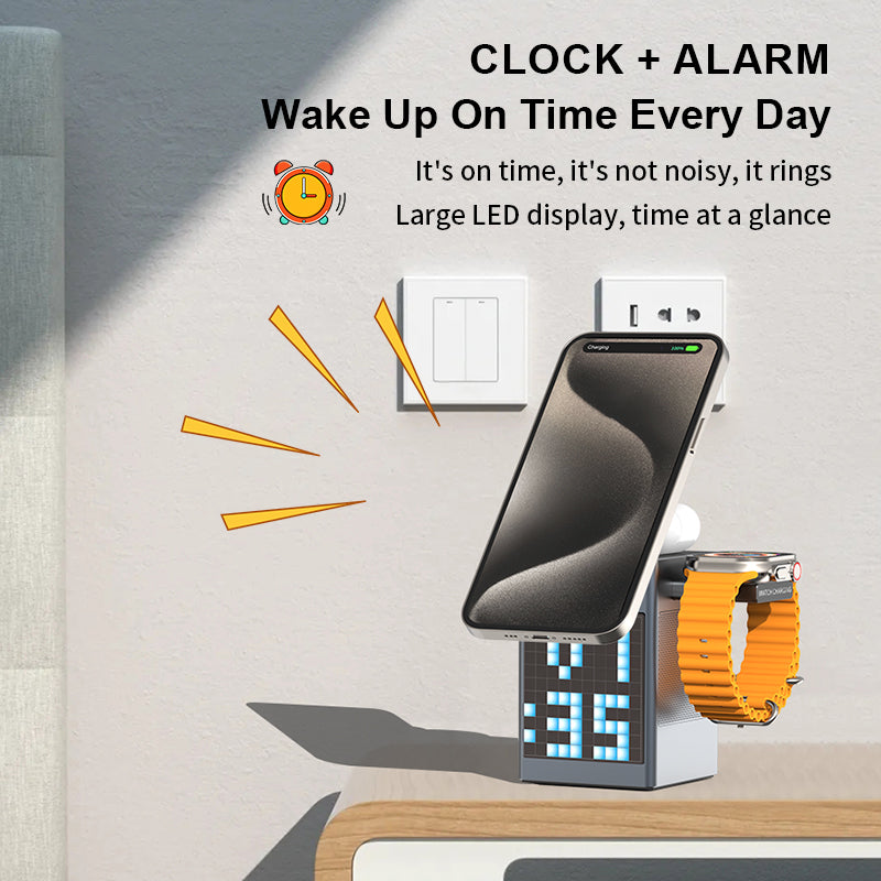 4-in-1 Retro Pixel Art Bluetooth Speaker & Wireless Charger Station with Alarm Clock
