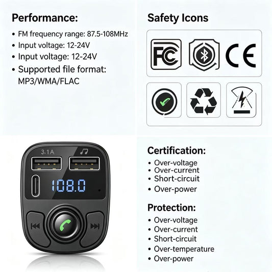C1 Bluetooth Dual USB Car Charger Black