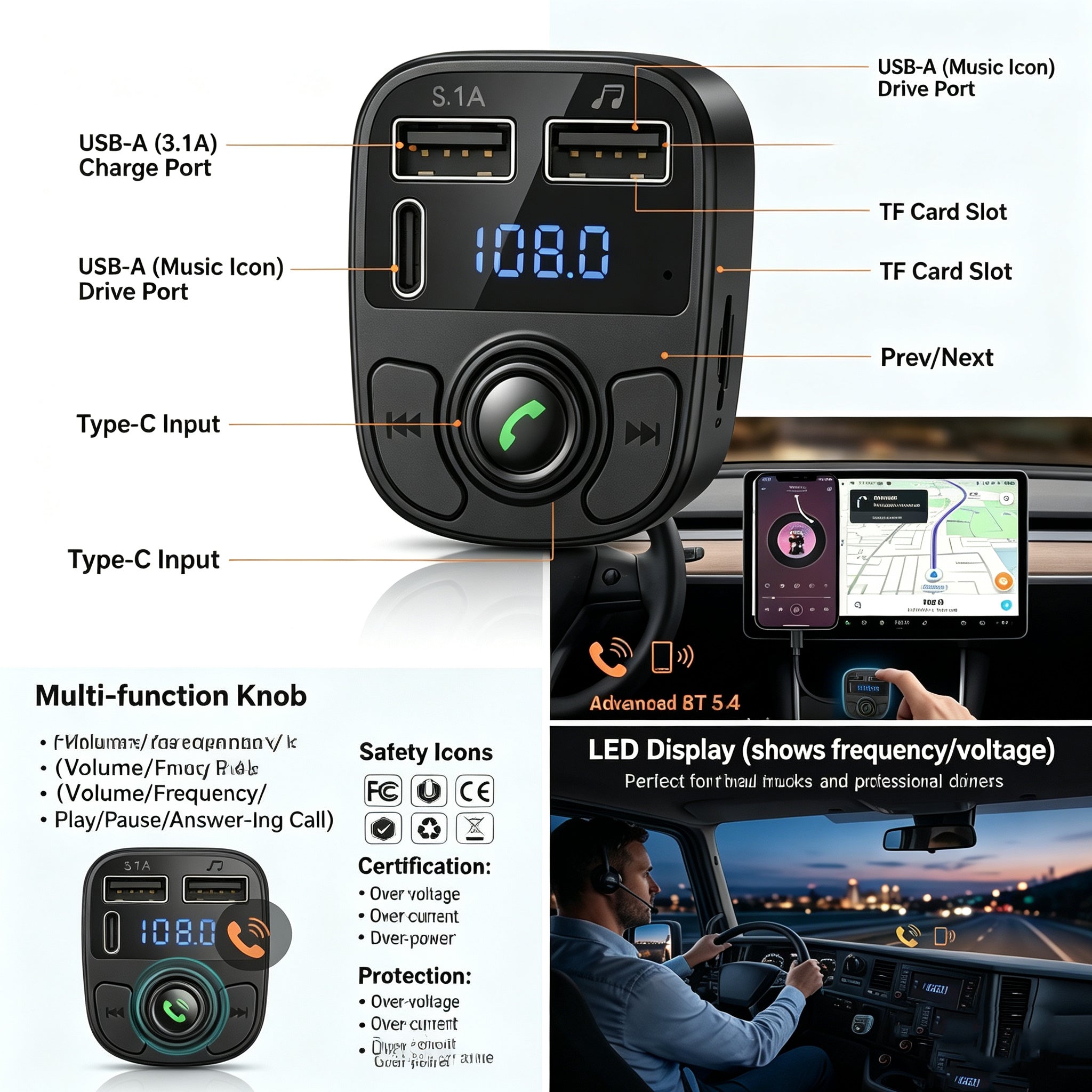 C1 Bluetooth Dual USB Car Charger Black