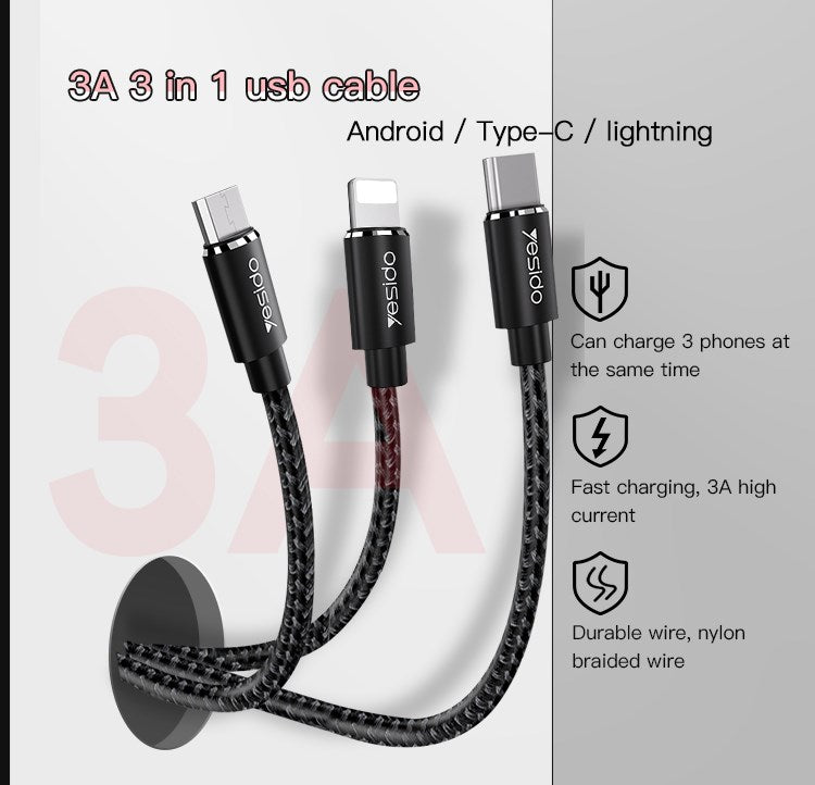 Yesido 3 in 1 USB cable YESIDO Cable Black