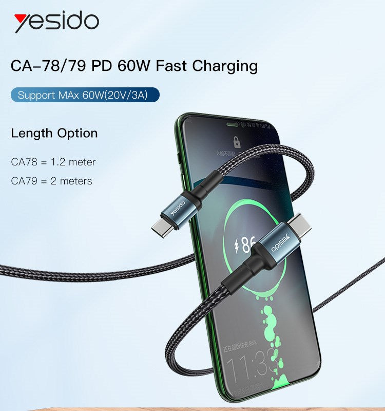 Yesido 60W Dual Type-C YESIDO Cable 2M Black