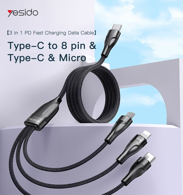 Yesido 3 in 1 Data Type-C cable YESIDO Cable Black