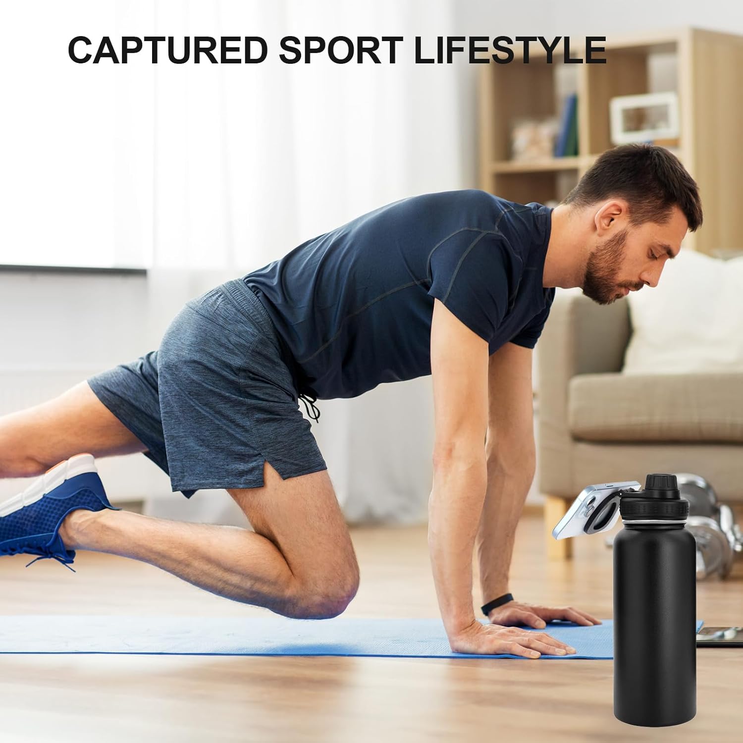 Stainless Steel Gym & Sports Water Bottle with Rotating Phone Holder – 532ml