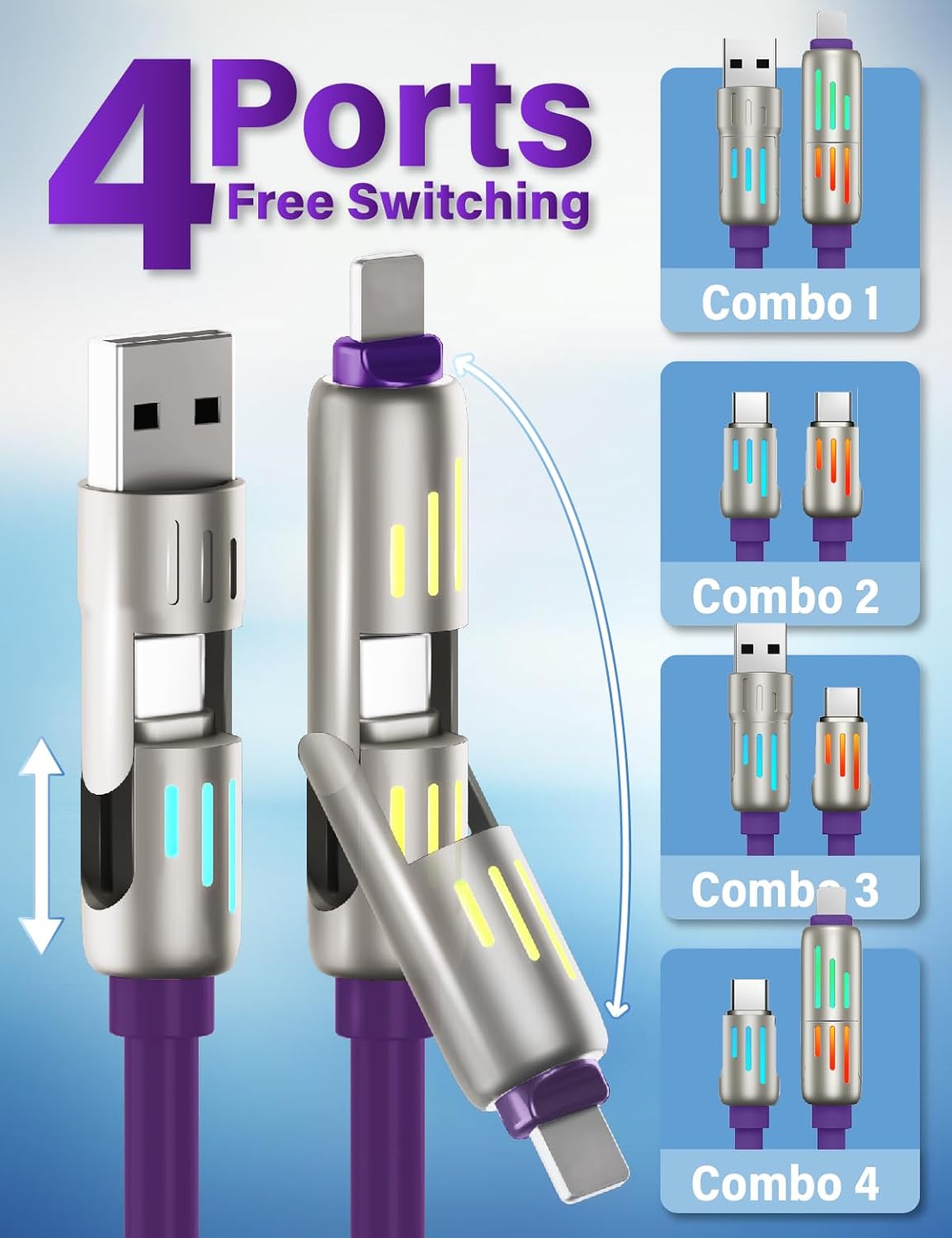 240W 4-in-1 Multi USB Fast Charging & Data Cable – Purple
