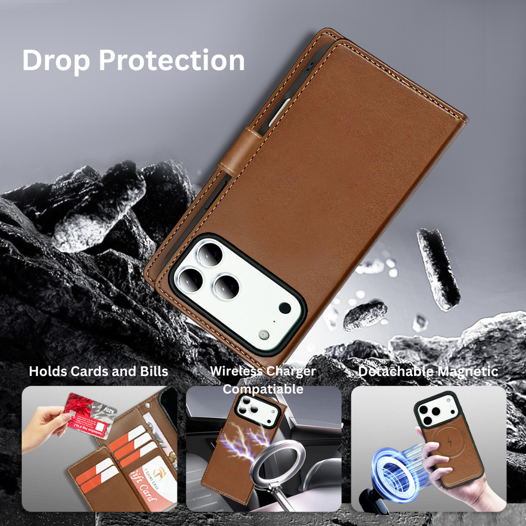 Nebula iPhone 17 Pro Magnetic Detachable Leather Wallet Case Brown
