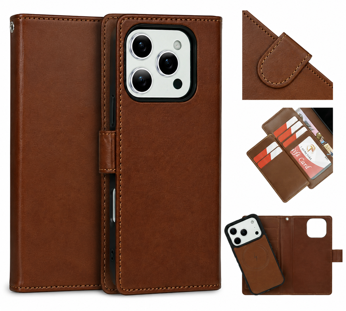 Nebula iPhone 16 Magnetic Detachable Leather Wallet Case Brown
