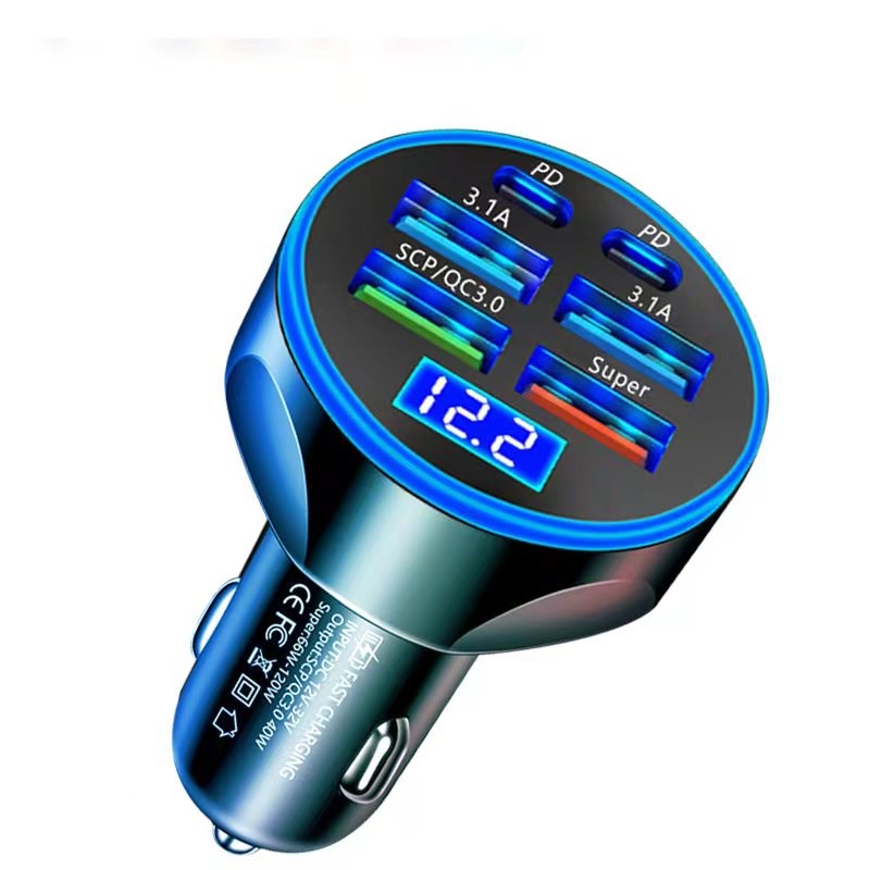 U2 Quick Car Charger Digital Display Port 4 USB + 2 USB-C Car Charger Black