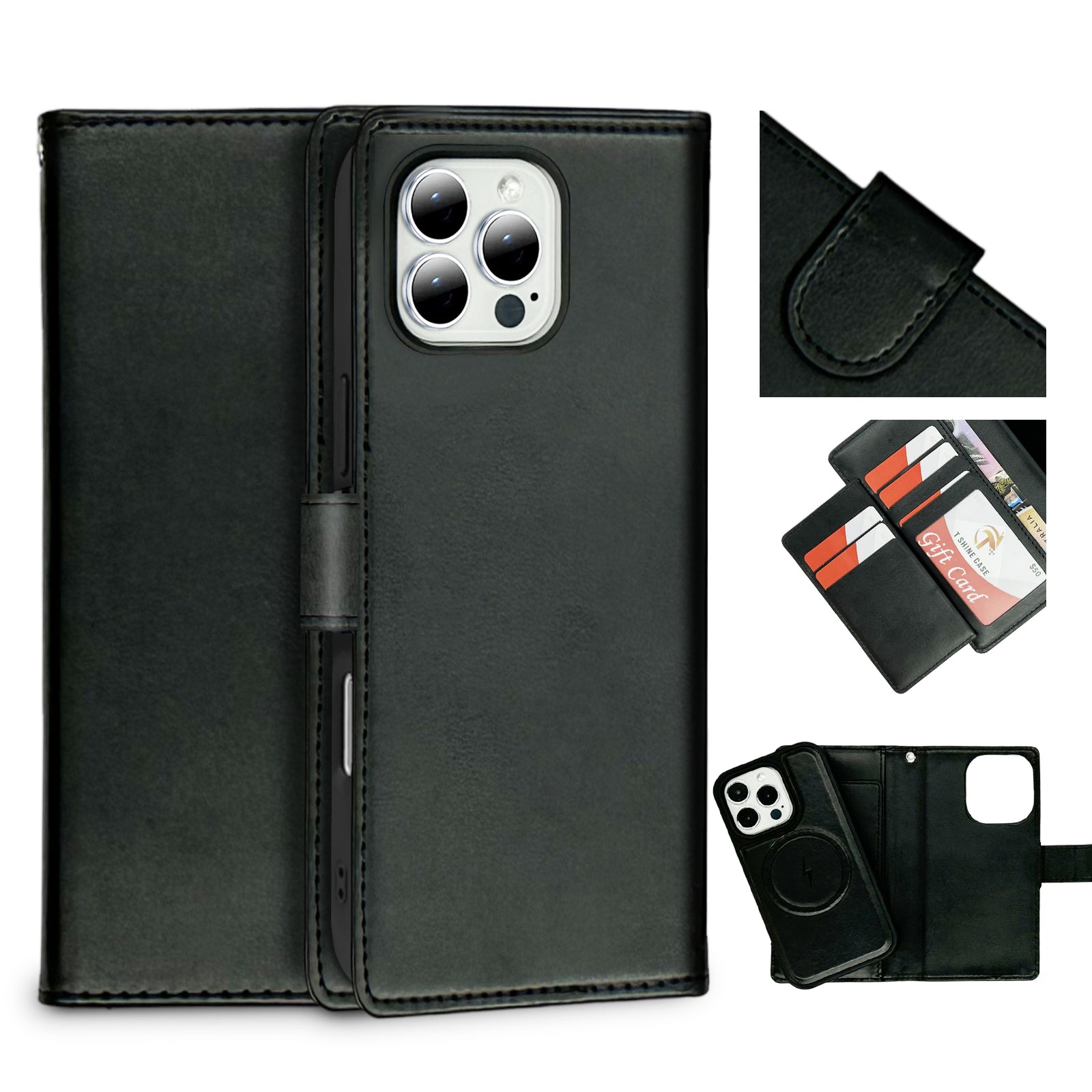 Nebula iPhone 13/14/15/16e/17e Magnetic Detachable Leather Wallet Case Black