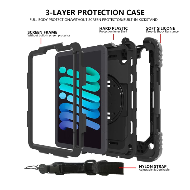 iPad mini 6th Shockproof Case with Holder & Hand & Shoulder Strap Black