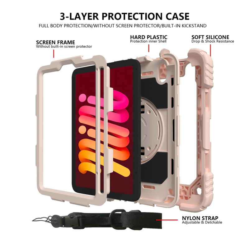 iPad mini 6th Shockproof Case with Holder & Hand & Shoulder Strap Rose Gold