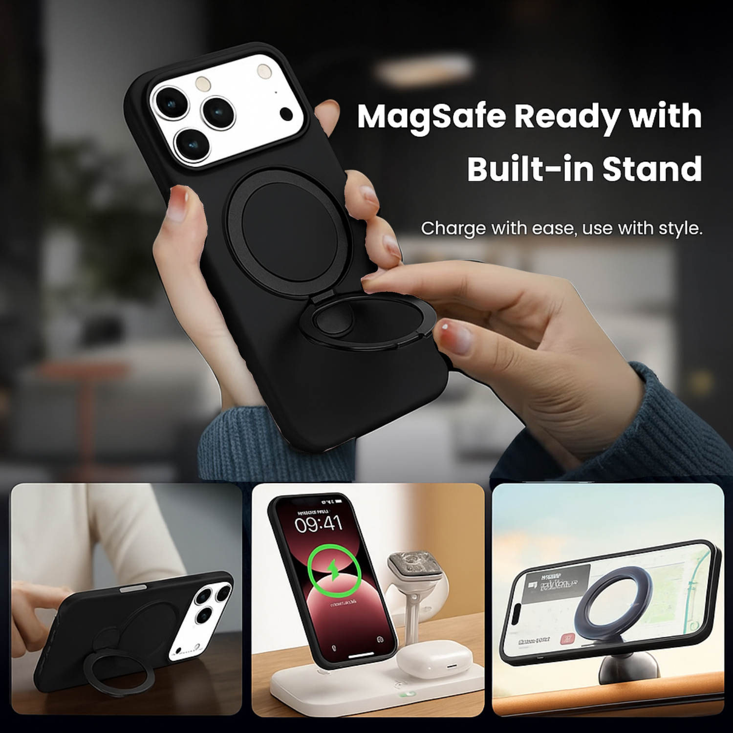 iPhone 17 Series Magsafe Invisible Silicone Stand Case - Black