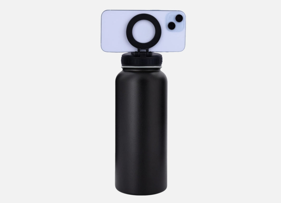 Stainless Steel Gym & Sports Water Bottle with Rotating Phone Holder – 532ml