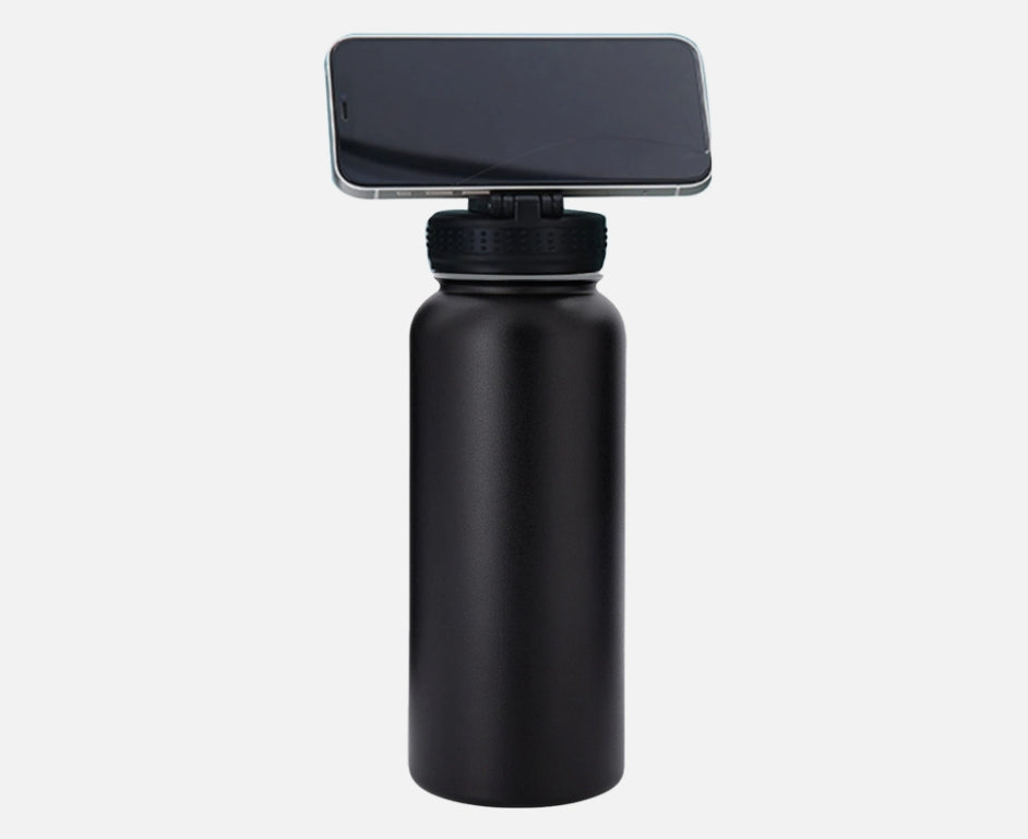 Stainless Steel Gym & Sports Water Bottle with Rotating Phone Holder – 532ml