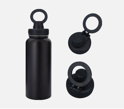 Stainless Steel Gym & Sports Water Bottle with Rotating Phone Holder – 532ml