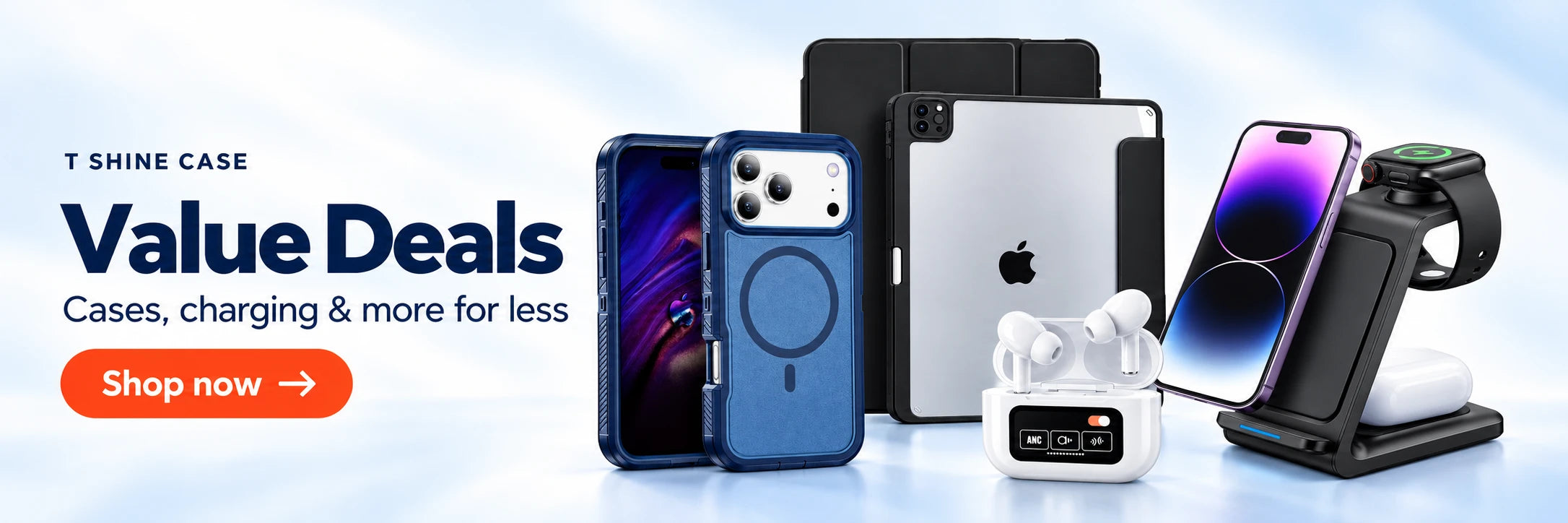 Phone case, tablet cover, three-in-one wireless charger and wireless earbuds.